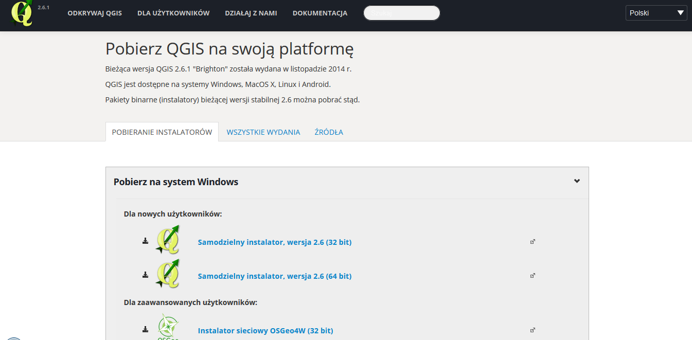 Instalacja QGIS (W przypadku posiadania zainstalowanego QGIS co najmniej w wersji 2.4.0 można przejść do kolejnego kroku) 1. Wchodzimy na stronę http://www2.qgis.org/pl/site/forusers/download.