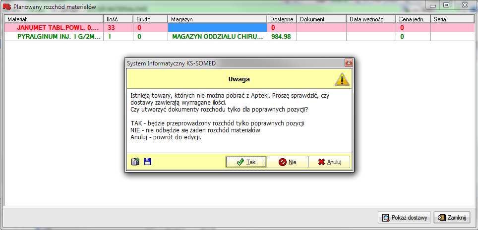 z informacją o dostępności poszczególnych materiałów.