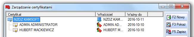 Dostęp do listy certyfikatów możliwy jest także z karty podmiotu oraz pracownika. Tam także można zmienić hasło dostępu do certyfikatu.