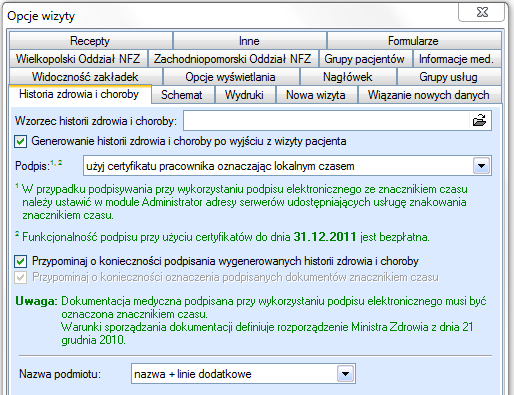 Należy oczywiście ustawić jeszcze w module Gabinet/Okulista/Stomatolog sposób podpisu historii zdrowia i choroby na opcję użyj certyfikatu pracownika oznaczając lokalnym czasem.