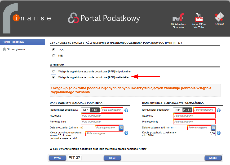 Na formularzu tym pojawią się sekcje: DANE UWIERZYTELNIAJĄCE PODATNIKA oraz DANE UWIERZYTELNIAJĄCE WSPÓŁMAŁŻONKA.