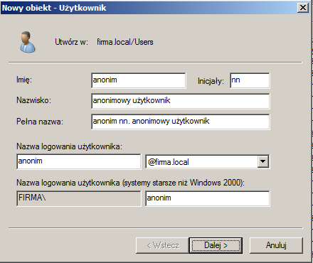 local utwórz nowe konto o nazwie anonim
