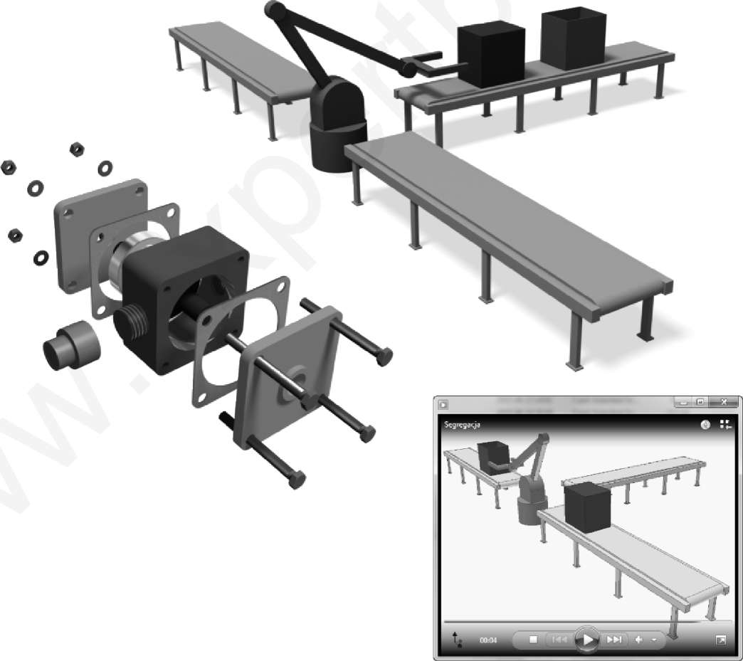 Rozdział 7 Tworzenie prezentacji 3D Poza modelowaniem pojedynczych części i składaniem ich w zespoły, w programie Autodesk Inventor możemy przetwarzać istniejące zespoły