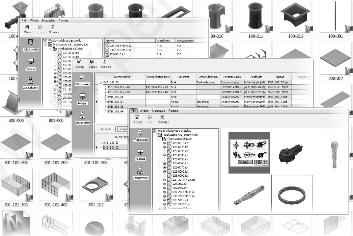 Rozdział 9 Zarządzanie plikami danych Projekty, tworzone w programie Autodesk Inventor 2016, zawierają wiele powiązanych ze sobą plików części, zespołów, prezentacji, rysunków, części bibliotecznych,