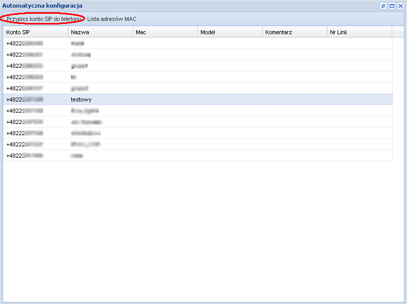 Po wprowadzeniu danych klikamy [Zapisz]; Po dodaniu do systemu adresów MAC przystępujemy do przypisania telefonów użytkownikom w