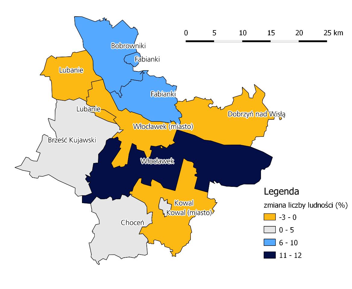 Rysunek 1. Procentowa zmiana liczby ludności w OSI Włocławka w 2013 r. względem 2007 r. Według prognoz GUS z 2012 r.