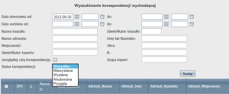 Po wprowadzeniu w pole grupa kopert id jednej z kopert wyświetlą nam się wszystkie koperty zarejestrowane w czasie jednej