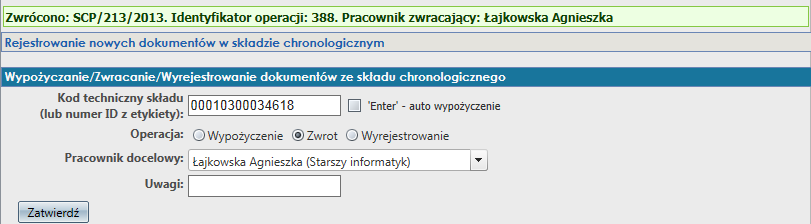 Po sczytaniu kodu technicznego składu chronologicznego z dokumentu automatycznie wyświetlają się następujące informacje o dacie i godzinie złożenia zamówienia oraz wpisane w pole uwagi do zamówienia: