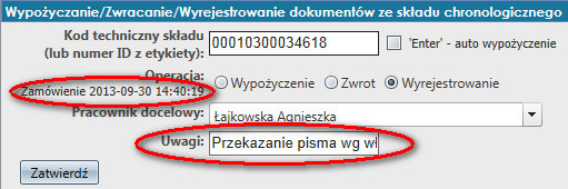 4) WYREJESTROWYWANIE DOKUMNETÓW ZE SKŁADU CHRONOLOGICZNEGO Widok zamówienia do wyrejestrowania z poziomu pracownika, zamawiającego dokument: Po sczytaniu kodu technicznego