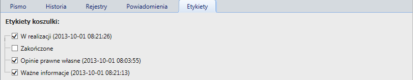 Z poziomu modułu etykiety można tworzyć nowe koszulki, które znajdują się w folderze systemowym w realizacji i po odznaczeniu w zakładce etykiety są włączane do zbioru wybranej etykiety.