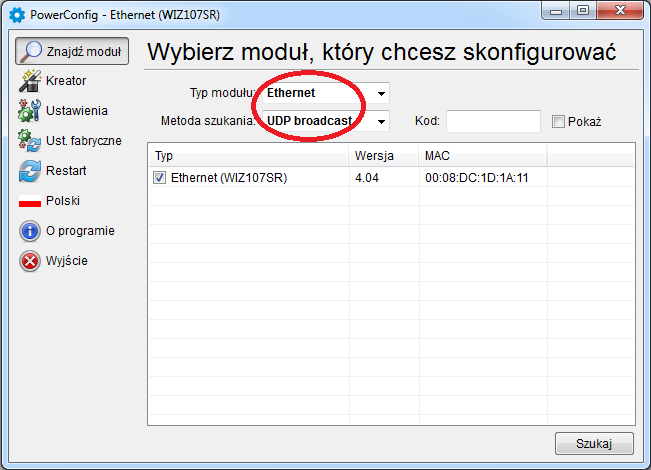 4.3 KROK 2 Wyszukiwanie interfejsów w sieci. W celu zapewnienia prawidłowego przebiegu zmiany adresu IP, zaleca się wyłączenie zapory sieciowej programu antywirusowego na czas konfiguracji.