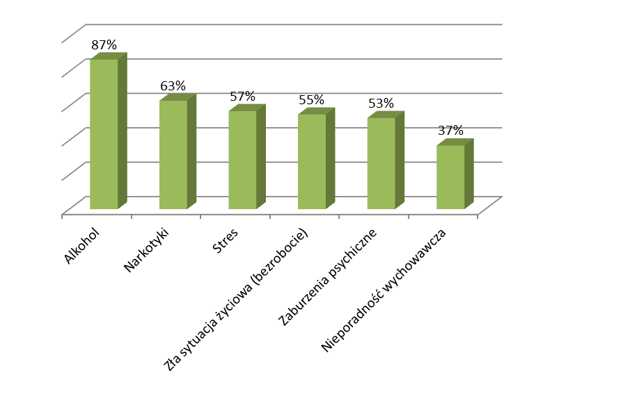 Jako główne źródło przemocy 87% osób zaznaczyło alkohol, w dalszej kolejności narkotyki 63%, nieumiejętność radzenia sobie ze stresem 57%, zła sytuacja życiowa (związana głównie z bezrobociem) 55%.