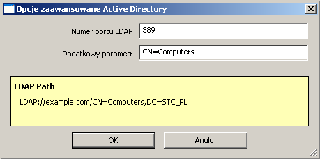 Wyszukiwanie w Active Directory: Jeśli chcesz wyszukać tylko komputery w specyficznym kontenerze AD, musisz zaznaczyć opcję Wyszukaj w Active Directory i wybrać options i wpisać odpowiednią ścieżkę