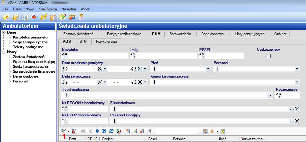 Filtry wbudowane Z menu Filtry standardowe (1) wybrać można zdefiniowane filtry danych, w zależności od statusu eksportu do modułu Ambulatorium.