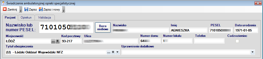 1.2 Wprowadzanie danych dla nowego świadczenia 1.2.1 Wprowadzanie danych osobowych W polu Nazwisko lub numer PESEL(1) należy wprowadzić dane identyfikujące pacjenta.