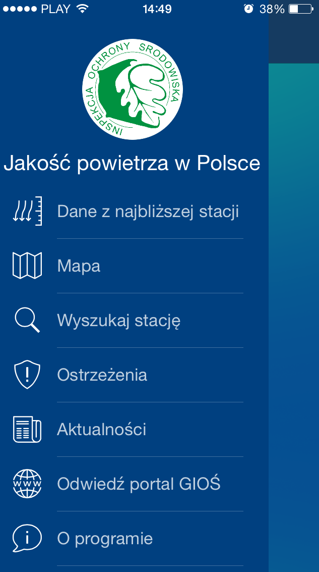 Aplikacja Mobilna Jakość powietrza w Polsce Ekrany początkowe - Menu aplikacji; -