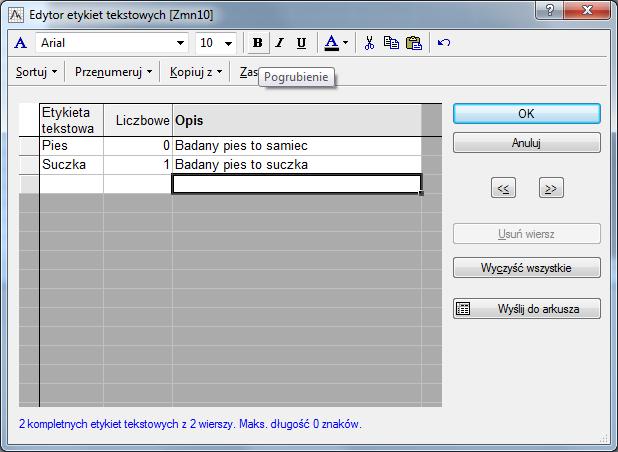 Rys. 3. Okno edytora etykiet tekstowych Przy okazji zwróćmy uwagę, że jeżeli nie widzimy całego tekstu to możemy automatycznie dopasować szerokość kolumn do jej zawartości.