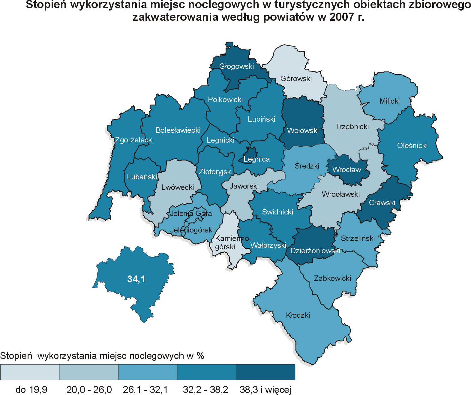 Stopień wykorzystania miejsc noclegowych, mierzony stosunkiem liczby udzielonych noclegów do nominalnej liczby noclegów, w województwie dolnośląskim w 2007 r. ukształtował się na poziomie 34,1%, tj.