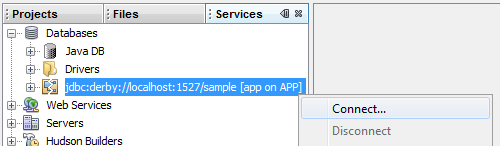 4. Uruchom serwer bazy danych Java DB korzystając z panelu Services. 5. Z poziomu panelu Services połącz się z bazą danych sample na lokalnym serwerze Java DB (derby). 6.