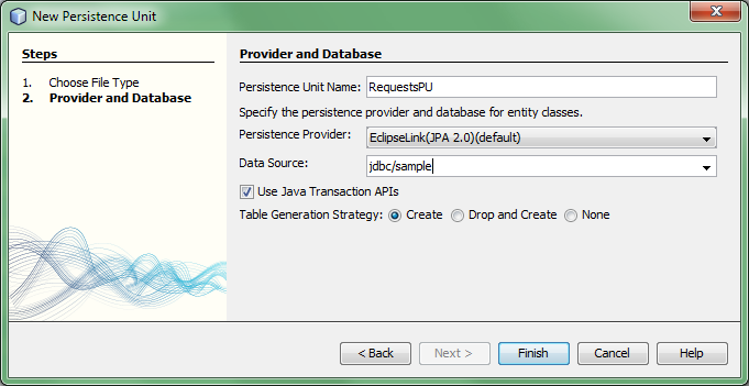 b. W drugim kroku kreatora zmień nazwę jednostki trwałości na RequestsPU, a z listy dostępnych źródeł danych wybierz jdbc/sample. Dla pozostałych opcji pozostaw ustawienia domyślne.
