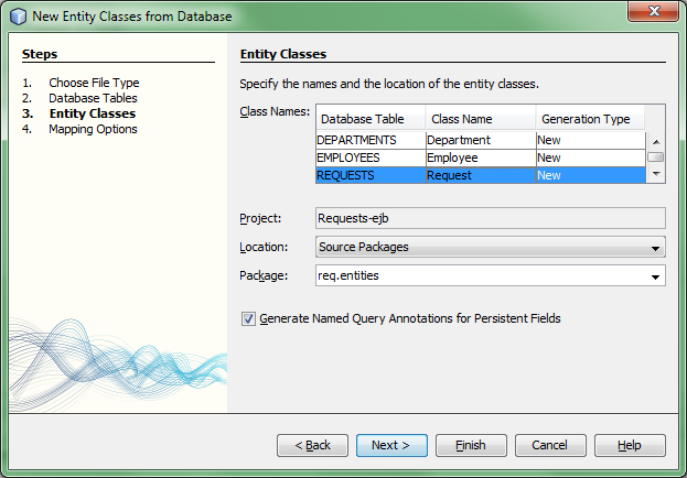 d. W kolejnym kroku kreatora jako nazwę pakietu podaj req.entities. Zmień zaproponowane nazwy klas encji na liczbę pojedynczą (Department, Employee, Request).