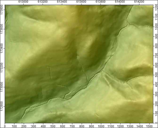 7b. Wizualna analiza porównawcza zgodności sieci rzecznej zwektoryzowanej z mapy topograficznej z siecią drenażu obliczoną przez program na podstawie CMW wykonanych różnymi metodami interpolacji*.