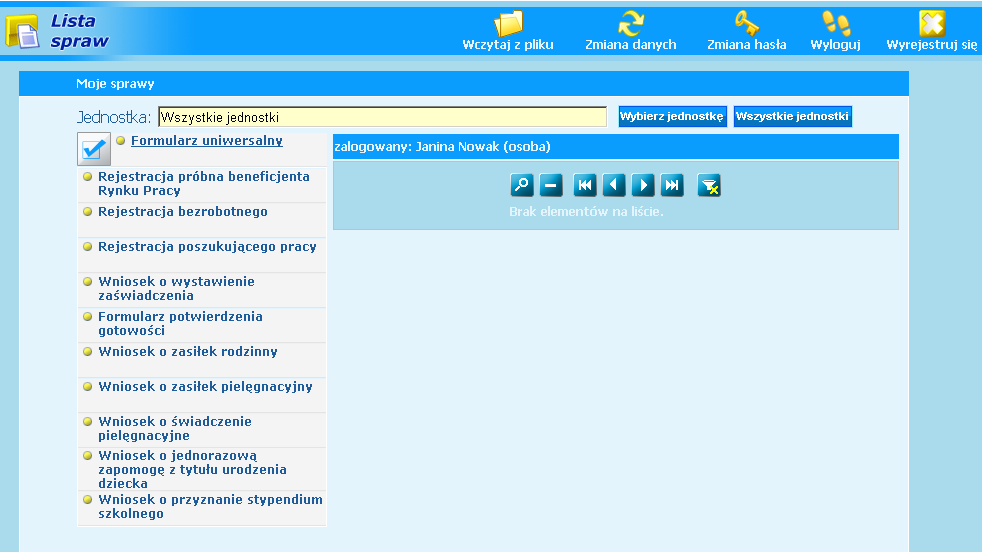 Wybierając jednostkę za pomocą przycisku "Wszystkie jednostki" lub "Wybierz jednostkę" wyświetli się lista spraw przez nią obsługiwanych.