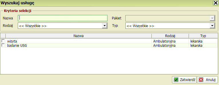 Aby dodad usługę klikamy przycisk. Otworzy się nowe okno, w którym widoczne są wszystkie zdefiniowane usługi. Możemy wyszukad według nazwy, rodzaju, typu. Po wybraniu usługi, klikamy Zatwierdź.