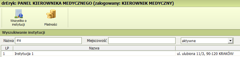 Kierownik Medyczny oraz Pracownik rejestracji mają możliwośd podglądu danych instytucji poprzez kliknięcie przycisku.