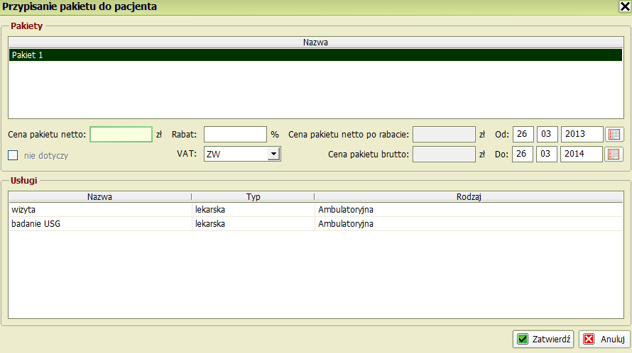 Jeśli pacjent wykupił pakiet indywidualnie należy dodad go w tym oknie klikając na przycisk.