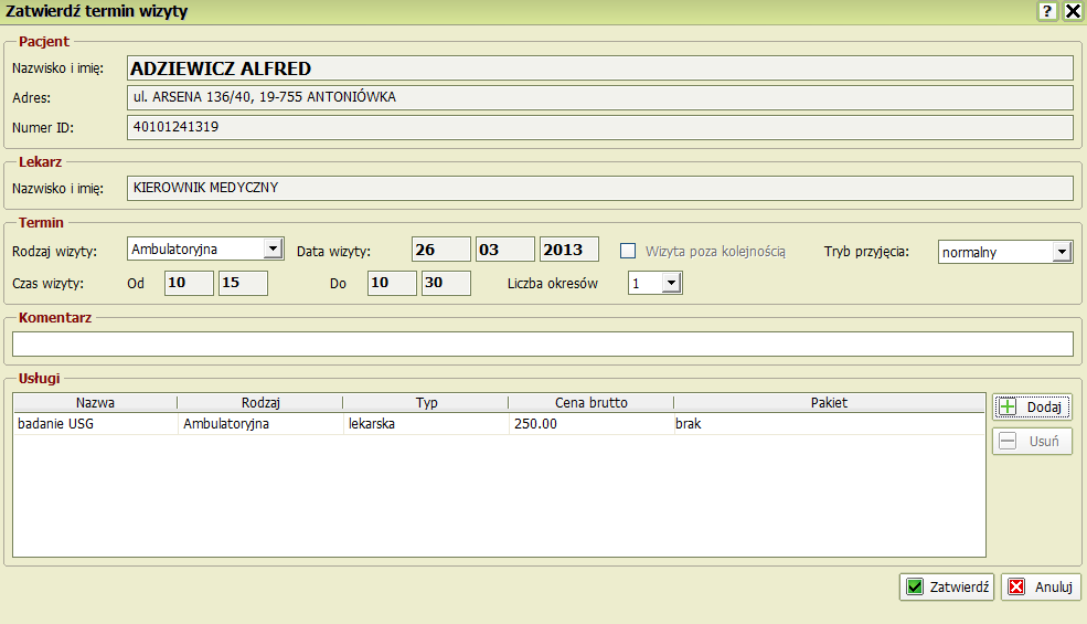 Widoczne są tutaj usługi oraz cena jeśli pacjent będzie musiał za usługę zapłacid.