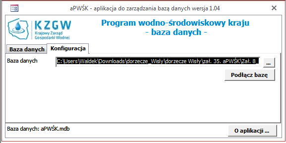 W celu konfiguracji aplikacji należy: 1. Przejść do zakładki Konfiguracja APLIKACJA apwśk 2. W polu Baza danych podać pełną ścieżkę dostępu do pliku z bazą apwśk.