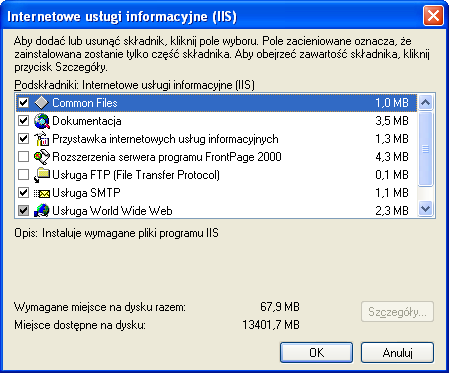 Przy czym pozostawiamy domyślnie zaznaczone komponenty, które są odstępne po kliknięciu na przycisk Szczegóły.