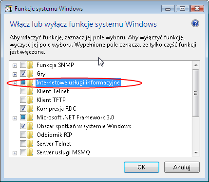 Następnie z listy dostępnych funkcji zaznaczamy Internetowe usługi informacyjne.