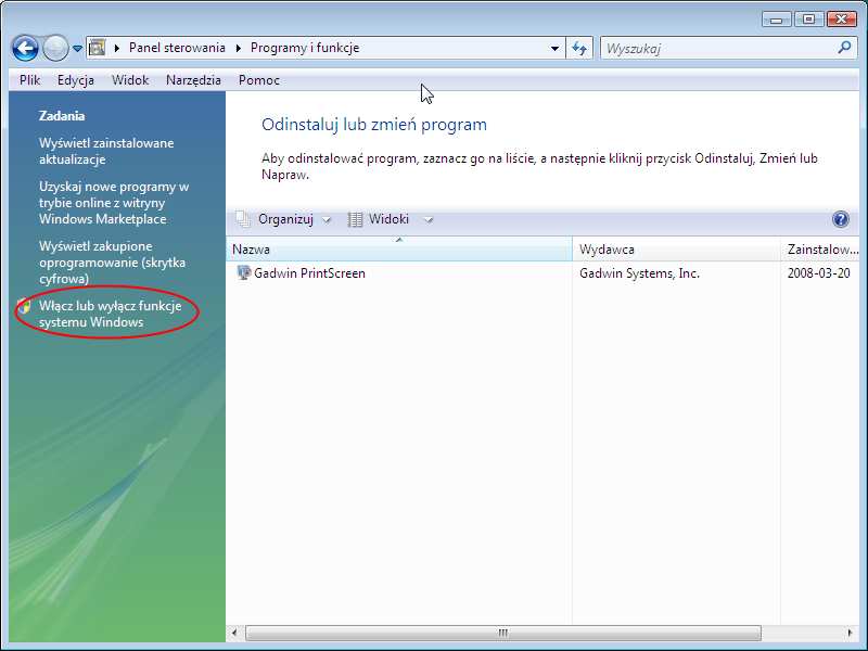 Windows Vista W celu instalacji Internetowych usług informacyjnych naleŝy przejść do Panelu Sterowania.