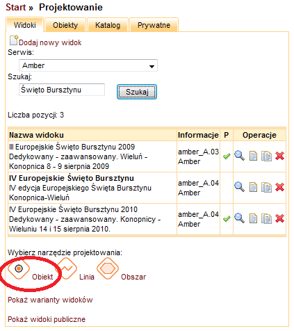 Polecenie Obiekt w zakładce Widoki służy do umieszczania na mapie różnego rodzaju obiektów. Aby dodać do widoku np.