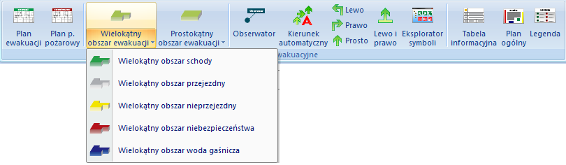 Pasek narzędzi ArCADia-DROGI EWAKUACYJNE Funkcje paska narzędzi ArCADia-DROGI EWAKUACYJNE: Wstaw obserwatora Wstawia obserwatora. Wstaw obramowanie planu ewakuacji Wstawia obramowanie planu ewakuacji.