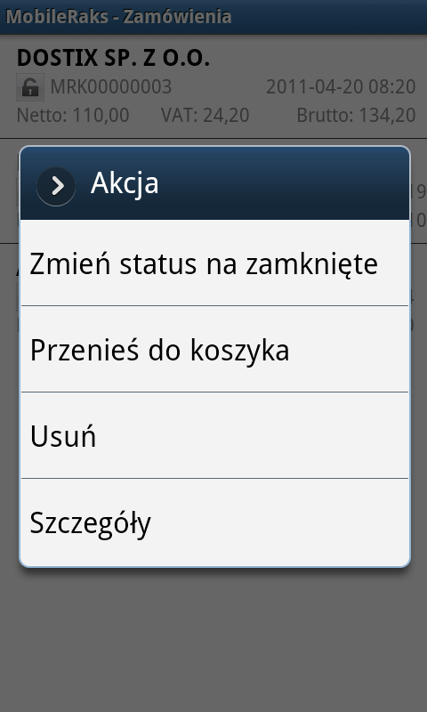 Zamówienia Formularz zamówienia zawiera listę utworzonych w aplikacji MobileRaks zamówień od odbiorców.