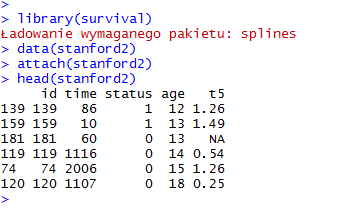 Pakiet R 1 library(survival) 2 data(stanford2) 3 attach(stanford2) 4