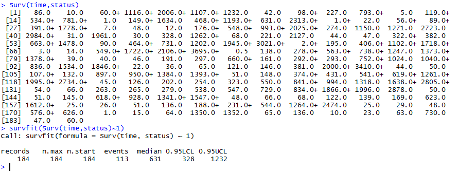 Pakiet R 1 Surv(time,status) 2 survt(surv(time,status)~1)