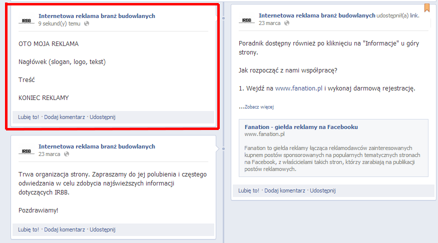 - Tablica strony IRBB - Oczywiście wraz ze wzrostem ludzi, którzy lubią naszą stronę, będzie również więcej reklam innych firm, co oznacza, że twój post będzie podwijał się ku dołowi strony i nie