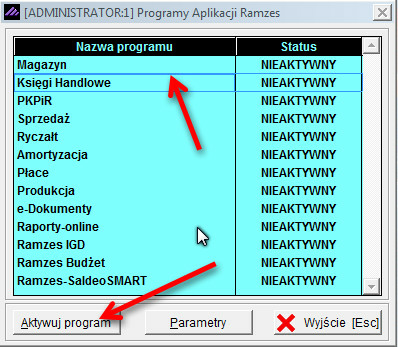 5.2 13 Aktywacja i uruchomienie Ramzes KH Przed uruchomieniem programu Ramzes - Księgi Handlowe należy w programie Ramzes Administrator zmienić jego status na AKTYWNY.