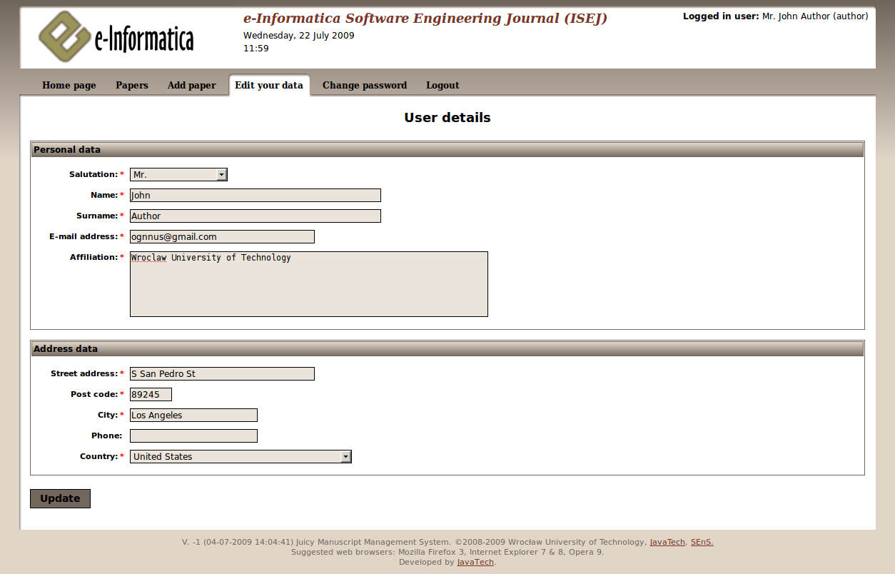 Rysunek 2.2: Formularz przypominania hasła Rysunek 2.3: Edycja danych osobowych. 2.3 Zmiana hasła Po zalogowaniu użytkownik może zmienić swoje hasło logowania.