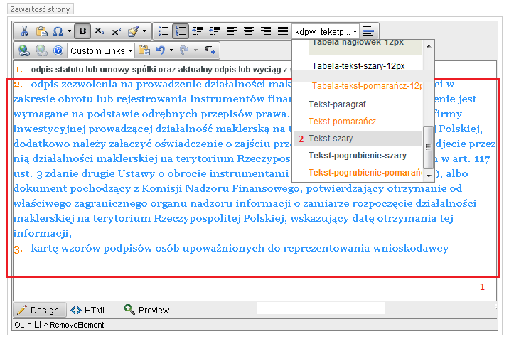 Rysunek 13 Aktywne okno edytora tekstu - Formatowanie listy Formatując tekst listy numerowanej nie musimy wykonywać każdej z czynności osobno dla kolejnych punktów