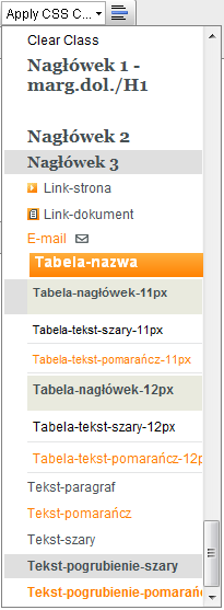 Formatowanie nagłówków Zdefiniowano 3 rodzaje nagłówków: Rysunek 4 Lista zdefiniowanych w edytorze styli Nagłówek pisany ozdobną czcionką z marginesem dolnym.