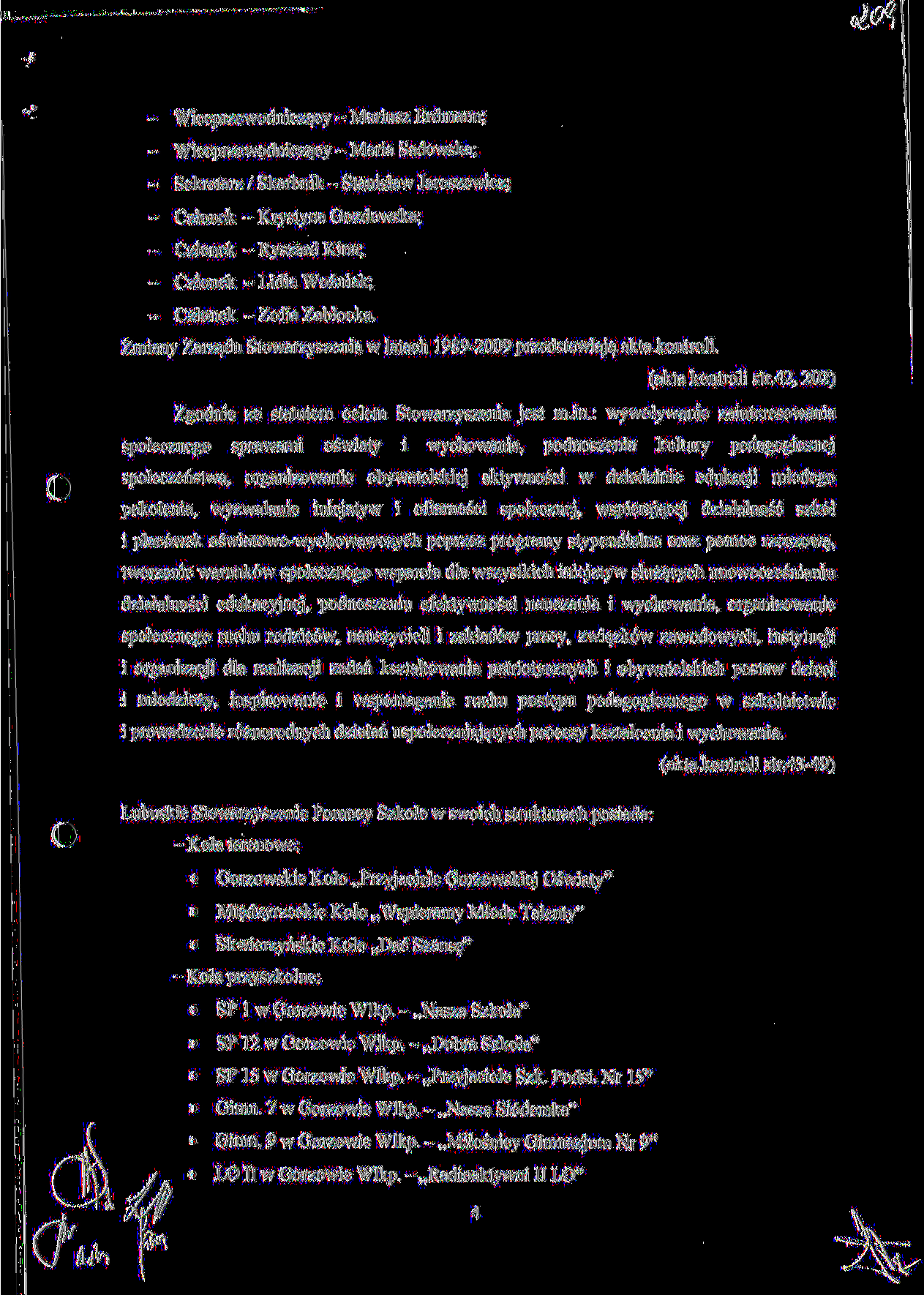 - Wiceprzewodniczacy - Mariusz Erdmann; - Wiceprzewodniczacy - Maria Sadowska; - Sekretarz / Skarbnik - Stanislaw Jaroszewicz; - Czlonek - Krystyna Gozdowska; - Czlonek - Ryszard Kina; - Czlonek -