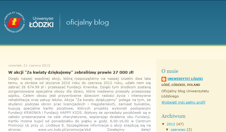Rys. 3. Strona główna oficjalnego bloga Uniwersytetu Łódzkiego Źródło: http://unilodz.blogspot.