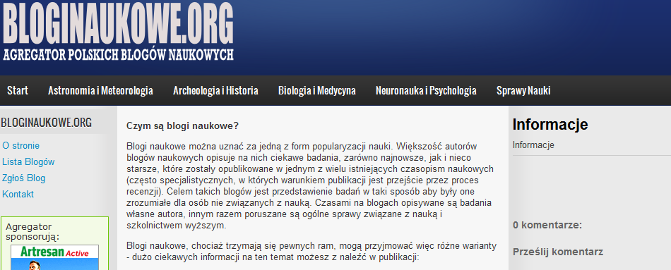 Rys. 4. Agregator blogów i postów bloginaukowe.org Źródło: http://bloginaukowe2.blogspot.com/p/informacje.