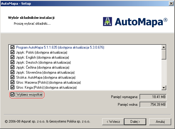 Zaznaczamy instalację dla urządzeń z systemem Windows CE 5.0. Wybór potwierdzamy przyciskiem Dalej >.