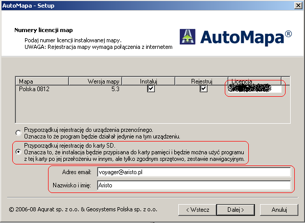 Przyciskiem Dalej > potwierdzamy instalację mapy (w zależności od wersji może to być mapa Polski lub Europy). Podajemy odpowiednie dane licencyjne*.